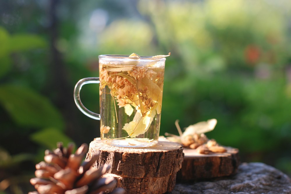 Glass mug of herbal tea on a log