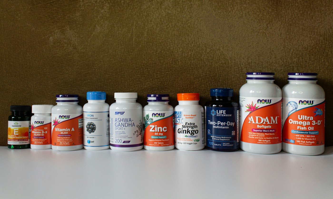 A row of bottles of vitamins